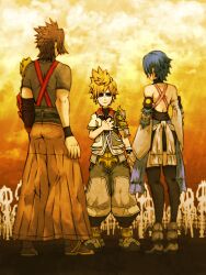  2boys aqua_(kingdom_hearts) bare_shoulders black_legwear blonde_hair blue_eyes blue_hair brown_hair commentary_request detached_sleeves female field_of_blades fingerless_gloves gloves gossan highres keyblade kingdom_hearts kingdom_hearts_birth_by_sleep multiple_boys photoshop_(medium) planted short_hair terra_(kingdom_hearts) thighhighs ventus_(kingdom_hearts) weapon wristband 