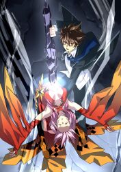  1boy 23_(real_xxiii) breasts brown_hair center_opening cleavage closed_eyes commentary_request detached_sleeves female fingerless_gloves gloves guilty_crown highres human_scabbard large_breasts long_hair necktie ouma_shuu pink_hair red_eyes school_uniform short_hair sword void_(guilty_crown) weapon yuzuriha_inori 