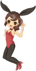  animal_ears aroma_reinford bare_shoulders blush breasts brown_hair bunny_ears female high_heels level-5 long_hair open_mouth professor_layton red_shoes shoes simple_background small_breasts smile solo 