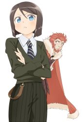  2boys :&lt; beard black_hair blue_eyes blush bob_cut can&#039;t_be_this_cute cape commentary_request crossed_arms derivative_work facial_hair fate/zero fate_(series) iskandar_(fate) male_focus multiple_boys necktie ore_no_imouto_ga_konna_ni_kawaii_wake_ga_nai parody red_eyes red_hair ryouku simple_background waver_velvet white_background 