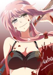  bare_shoulders blood bra commentary_request female gasai_yuno lingerie long_hair mirai_nikki photoshop_(medium) pink_eyes pink_hair smile solo ui_(majiwi) underwear weapon yandere 