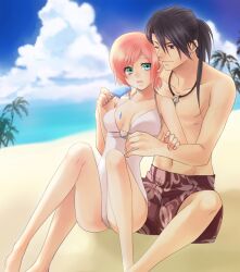  1boy bad_id bad_pixiv_id bare_legs beach black_eyes black_hair celestial_s cloud couple day estellise_sidos_heurassein estellise_sidos_heurassein_(refreshing_dress) female food full_body green_eyes high_ponytail jewelry long_hair necklace official_alternate_costume one-piece_swimsuit one_eye_closed outdoors pink_hair ponytail popsicle sand short_hair shorts sitting sky smile straight swimsuit tales_of_(series) tales_of_vesperia topless_male yuri_lowell yuri_lowell_(aloha_boy) 