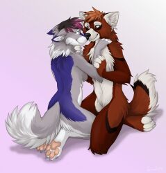  anthro avoid_posting breasts canid canine canis domestic_dog duo eye_contact female hug keihound kneeling looking_at_another male male/female mammal nude paws pink_background romantic romantic_ambiance romantic_couple side_boob simple_background 