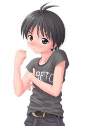  antenna_hair belt black_eyes black_hair blush female flat_chest idolmaster idolmaster_(classic) itou_makoto nekopuchi short_hair short_sleeves simple_background solo white_background 