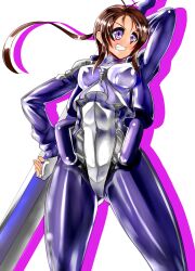  bodysuit breasts brown_hair commentary_request daruma_(g05d7079) female highres kyoukaisenjou_no_horizon long_hair medium_breasts oriotorai_makiko purple_bodysuit purple_eyes solo sword weapon 