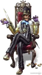  chair coin coins dampierre facial_hair gio_dampierre grin hat highres male money moustache official_art sitting smile soul_calibur soul_calibur_v 