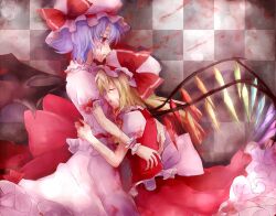  bat_wings blonde_hair blood blood_on_face blue_hair commentary_request female flandre_scarlet hat nazuka_(mikkamisaki) red_eyes remilia_scarlet siblings side_ponytail sisters touhou wings wrist_cuffs 