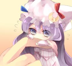  bad_id bad_pixiv_id blue_eyes chibi close-up crescent female flying_sweatdrops hand_focus hat long_hair mihatarou mini_person minigirl patchouli_knowledge purple_hair simple_background solo striped touhou vertical_stripes 