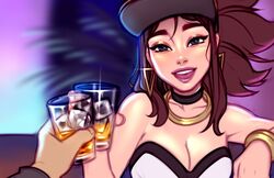  akali blushypixy blushyspicy drinking k/da_akali k/da_series league_of_legends smile strapless strapless_top strapless_topwear tubetop 