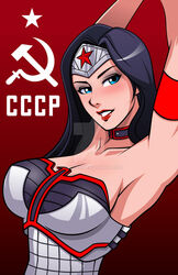  1girls armor black_eyeshadow black_hair blue_eyes cccp clothed communism communist content dark_hair dc_comics dcuaom deviantart diana_prince falcon-creative female female_focus female_only flag fully_clothed grey_armor grey_clothing hammer_and_sickle history lipstick motherland political politics propaganda red red_background red_lipstick sfw solo superman:_red_son tiara ussr watermark wonder_woman wonder_woman_(series) wonder_woman_(superman:_red_son) 