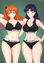  2girls artist_name asuka_langley_sohryu bangs black_eyes blacked blacked_clothing blue_eyes bra brown_eyes cleavage clothed clothed_female clothes clothing dark_hair daruko536 facing_viewer female female_focus female_only fully_clothed hair hair_ornament hand_on_hip hips huge_breasts large_breasts leaning long_hair looking_at_viewer medium_breasts midriff milf misato_katsuragi navel neon_genesis_evangelion orange_hair panties purple_hair redhead seductive sports_bra standing thick_thighs thighs tight_clothing tight_fit wide_hips 