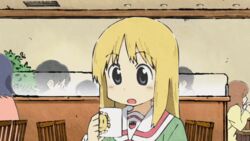  animated animated blonde_hair blue_eyes cup helvetica_standard mug nichijou non-web_source restaurant school_uniform serafuku sun 