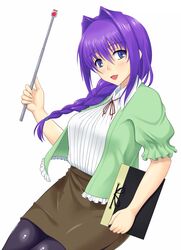  baton_(weapon) blue_eyes braid commentary_request expandable_baton female folder hair_intakes hair_over_shoulder highres kanon long_hair mature_female minase_akiko mottio pantyhose pointer purple_hair single_braid weapon 