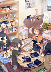  2girls absurdres apple_inc. atelier_(series) atelier_totori bed bedroom book calico camouflage chabudai_(table) chargeman_ken! charlotte_(madoka_magica) commentary_request computer crossover cushion drawer drawing_mannequin elysia_de_lute_ima fail_whale feline figure from_above gestalta gojou_masaru haou_airen hat headphones highres ikamusume ikea inazuma_eleven inazuma_eleven_(series) indoors interior kami_nomi_zo_shiru_sekai kirisame_marisa kuroba_u kyuubee laptop macintosh mahou_shoujo_madoka_magica mahou_shoujo_madoka_magica_(anime) manga_(object) mayu-tan_no_kung_fu_(meme) meme mini_hat mini_top_hat multiple_girls nendoroid neta original parody pillow plaid printer seiza shinryaku!_ikamusume sitting table top_hat totooria_helmold touhou whale window yukkuri_shiteitte_ne zabuton 