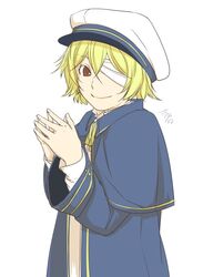  1boy bandage_over_one_eye bandages blonde_hair blue_jacket brown_eyes cel_shading commentary_request hat ichi_ka jacket looking_at_viewer male_focus oliver_(vocaloid) own_hands_together sailor_hat signature smile solo vocaloid 