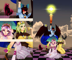  3girls animal arm_cannon ascot bird black_hair cannon checkered_floor close-up crow dizmathik earrings embellished_costume evil_smile eyeball feline glowing glowing_eyes green_eyes green_hair heart jewelry kaenbyou_rin kaenbyou_rin_(cat) kneeling komeiji_koishi komeiji_satori last_shooting multiple_girls parted_lips photoshop_(medium) pink_eyes pink_hair radiation_symbol red_eyes reiuji_utsuho sitting smile standing sun teeth third_eye touhou upper_body veins weapon yokozuwari 