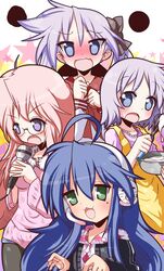  4girls :3 blue_eyes blue_hair bowl cardigan commentary_request daigingaa glasses green_eyes headphones highres hiiragi_kagami hiiragi_tsukasa izumi_konata long_hair lucky_star microphone mole mole_under_eye multiple_girls pantyhose pink_hair purple_eyes purple_hair school_uniform serafuku short_hair surprised takara_miyuki whisk 