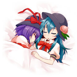  2girls bad_link blue_hair closed_eyes food fruit hat hat_ribbon hinanawi_tenshi kiji_(manekinuko-tei) long_hair lowres lying multiple_girls nagae_iku peach purple_hair ribbon short_hair sleeping touhou 