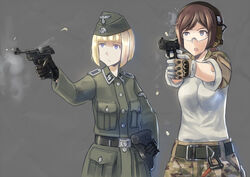  2girls belt black_gloves blonde_hair blue_eyes blunt_bangs breasts brown_hair bundeswehr buttons camouflage camouflage_pants casing_ejection coat commentary epaulettes erica_(naze1940) firing garrison_cap germany gloves grey_background gun hand_on_own_hip handgun hat headset holster long_hair long_sleeves m1911 medium_breasts military military_hat military_uniform multiple_girls nazi open_mouth original pants photoshop_(medium) ponytail purple_eyes reichsadler shell_casing short_hair sigrunen skull skull_and_crossbones smoke ss_insignia totenkopf uneven_eyes uniform waffen-ss walther walther_p38 weapon white_background white_gloves world_war_ii 