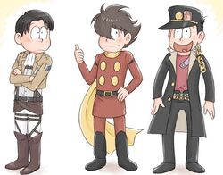  3boys :&lt; bad_id bad_pixiv_id brown_hair chains commentary_request cyborg_009 emblem gakuran hair_over_one_eye hat heart heart_in_mouth jacket jojo_no_kimyou_na_bouken kamiya_hiroshi kujo_jotaro levi_(shingeki_no_kyojin) lou_soten male_focus matsuno_choromatsu matsuno_jyushimatsu matsuno_osomatsu multiple_boys ono_daisuke open_clothes open_jacket osomatsu-san osomatsu_(series) paradis_military_uniform sakurai_takahiro scarf school_uniform shimamura_joe shingeki_no_kyojin survey_corps_(emblem) voice_actor_connection 