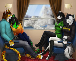  anthro band_merch calypso_tayro canid canine clothed clothing dirt_(mrdirt) elvofirida elvofirida_(character) felid female fur group hair hoodie inside_train male mammal nirvana open_mouth sitting smile sushi_(mrdirt) tail text text_on_clothing text_on_hoodie text_on_topwear topwear train travel vehicle 