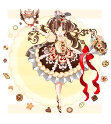  arm_up bird bird_on_hand bouquet bow bracelet bright_pupils brown_dress brown_footwear brown_hair checkerboard_cookie chocolate_chip_cookie commentary_request cookie dress female flower food food-themed_clothes full_body hat high_heels highres jewelry layered_dress lolita_fashion long_hair looking_at_viewer mochikin_(jijijin) original owl personification pocketland print_dress puffy_sleeves red_bow shoes smile solo standing straight-on yellow_eyes 