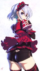  ass back black_gloves black_thighhighs blue_eyes chaika_bogdan commentary crossed_arms english_commentary female fingerless_gloves from_behind gloves gothic_lolita grey_hair hell_machina highres hitsugi_no_chaika lolita_fashion looking_at_viewer looking_back pose purple_eyes short_hair shorts signature simple_background solo standing thick_eyebrows thighhighs thighs upskirt white_background 