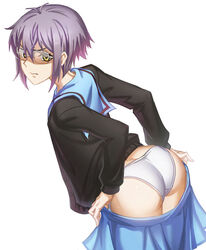  ahoge ass bad_id bad_pixiv_id blue_sailor_collar blue_skirt brown_cardigan cardigan clothes_pull female from_side frown glasses hair_between_eyes kita_high_school_uniform leaning_forward long_sleeves looking_at_viewer messy_hair nagato_yuki over-rim_eyewear panties photoshop_(medium) pleated_skirt purple_hair sailor_collar school_uniform semi-rimless_eyewear serafuku short_hair simple_background skirt skirt_pull solo standing streamingsun suzumiya_haruhi_no_yuuutsu underwear undressing very_short_hair white_background white_panties winter_uniform yellow_eyes 