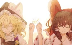  2girls ^^^ ahoge arm_up backlighting black_dress black_headwear blonde_hair blush bow braid brown_hair clenched_hand closed_eyes closed_mouth collared_shirt commentary_request detached_sleeves dress fist_bump floating_hair friends frilled_bow frills hair_between_eyes hair_tubes hairbow hakurei_reimu hand_up hat hat_bow head_tilt kirisame_marisa large_bow light_particles long_hair long_sleeves medium_hair multiple_girls out_of_frame pandora-ex puffy_short_sleeves puffy_sleeves purple_bow red_bow red_ribbon ribbon ribbon-trimmed_bow ribbon-trimmed_collar ribbon-trimmed_sleeves ribbon_trim shirt short_sleeves side_braid sidelocks single_braid smile touhou turtleneck two-tone_background upper_body white_background white_bow white_shirt wide_sleeves witch_hat yellow_background 