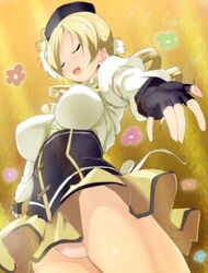  blonde_hair commentary_request corset date_(senpen) drill_hair female fingerless_gloves gloves mahou_shoujo_madoka_magica mahou_shoujo_madoka_magica_(anime) panties pantyshot photoshop_(medium) solo tomoe_mami tomoe_mami_(magical_girl) underwear upskirt 