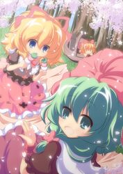  2girls basket blanket blonde_hair blue_eyes bow cherry_blossoms commentary_request dango eating food front_ponytail green_eyes green_hair hair_ribbon hairbow hanami highres kagiyama_hina long_sleeves looking_at_viewer looking_back medicine_melancholy multiple_girls nullpooo open_mouth petals picnic ribbon shirt skirt smile su-san touhou tree wagashi 