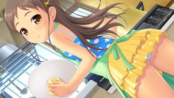  apron ass blush brown_eyes brown_hair closed_mouth cowboy_shot dutch_angle female game_cg hair_ornament holding kitchen lolicon long_hair looking_at_viewer looking_back nonohara_miki pantyshot pantyshot_(standing) polka_dot polka_dot_shirt polka_dot_skirt pot sayama_chie shiny shiny_skin shirt shoujo_ramune skirt smile solo standing stove straight towel window x_hair_ornament 