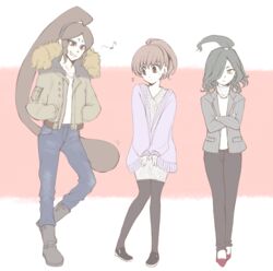  2boys ^^^ bad_id bad_pixiv_id black_legwear boots brown_eyes brown_hair casual colored_sclera crossed_arms denim eighth_note female green_hair grin hair_over_one_eye hands_in_pockets high_ponytail jacket jeans kiitos12 kodama_fumika long_hair monster_boy multiple_boys musical_note oogama_(youkai_watch) open_clothes open_jacket orochi_(youkai_watch) pants pantyhose pigeon-toed red_eyes smile spoken_musical_note turtleneck very_long_hair yellow_eyes yellow_sclera youkai_(youkai_watch) youkai_watch 