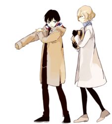  1boy black_eyes black_gloves black_hair black_legwear brown_eyes brown_hair coat commentary_request female gloves hat kizaki_asuna moritsuka_shun occultic;nine pantyhose short_hair white_background youzi3047 