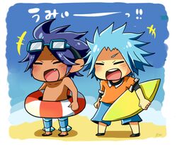  2boys goggles gym_leader lowres male male_focus multiple_boys oerba_yun_fang pokemon shizui_(pokemon) surfboard touki_(pokemon) 