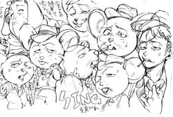  1boy buck_teeth commentary_request elephant expressions fedora female formal greyscale hat highres meena_(sing) mike_(sing) monochrome mouse_(animal) personification protected_link reticulum sing_(movie) suit teeth translation_request 