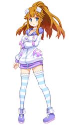  aqua_eyes brown_hair choker cosplay estora female full_body hair_ornament jacket long_hair long_sleeves looking_at_viewer meiq_no_chika_ni_shisu neptune_(neptunia) neptune_(neptunia)_(cosplay) neptune_(series) non-web_source official_art ryoji_(nomura_ryouji) simple_background smile solo striped_clothes striped_thighhighs thighhighs white_background 