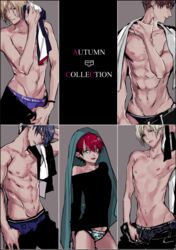  5boys a3! abs animal_print black_shirt blonde_hair boxer_briefs briefs brown_hair clothes_pull commentary_request cowboy_shot furuichi_sakyou fushimi_omi grey_background hyodou_juuza kitazawa_k leopard_print licking_lips long_sleeves male_focus male_underwear multiple_boys nanao_taichi nipples no_pants off_shoulder pants pants_pull purple_hair red_hair settsu_banri shirt simple_background toned toned_male tongue tongue_out topless_male underwear wet wet_hair 