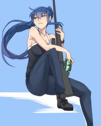  ban!_(bansankan) beer_can blue_eyes blue_hair bolt_action boots breasts can cleavage commentary denim drink_can female grisaia_(series) grisaia_no_rakuen gun highres jeans knee_up kusakabe_asako long_hair medium_breasts pants parted_lips ponytail rifle scope sitting sniper_rifle solo weapon 