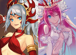  2girls 8c armband bad_id bad_pixiv_id blue_eyes crown echidna_(p&amp;d) grey_hair halterneck lamia long_hair mermaid midriff monster_girl multiple_girls navel one_eye_closed photoshop_(medium) ponytail purple_hair puzzle_&amp;_dragons siren_(p&amp;d) smile 