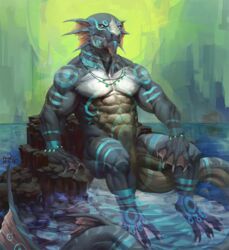  2015 3_toes abs anthro arm_support armband biceps big_muscles biped claws collar detailed detailed_background digital_media_(artwork) fangs feet gills hand_on_leg lagoon lizard looking_away male multicolored_body multicolored_scales muscular muscular_anthro muscular_male no_pupils nude outside pacelic pecs plantigrade pose reptile rock scales scalie sitting solo tattoo teeth toe_claws toes two_tone_body two_tone_scales vein water white_body white_eyes white_scales 