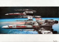  absurdres black_sky colored_pencil_(medium) commentary_request highres letterboxed miyabi_asou no_humans outdoors photoshop_(medium) planet realistic rebel_alliance science_fiction signature sky space spacecraft star_(sky) star_wars starfighter starry_sky t-65_x-wing traditional_media vehicle_focus x-wing yavin_4 