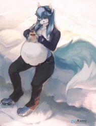  aero_vonheart aerothefox ambiguous_gender anthro bed belly big_belly biped blue_body blue_fur blue_hair bottomwear canid canine canis clothing container cup digitigrade domestic_dog fur furniture hair hi_res kardie male mammal navel outie_navel pants pregnant pregnant_anthro pregnant_male shirt sitting solo topwear white_body white_fur wide_hips 