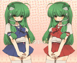  ahoge bad_id bad_pixiv_id female green_hair jakey kochiya_sanae own_hands_together thighhighs touhou white_thighhighs yellow_eyes 