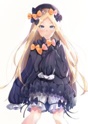  abigail_williams_(fate) absurdres atora bad_id bad_pixiv_id black_bow black_dress black_hat blonde_hair blue_eyes blush bow bug butterfly closed_mouth commentary_request dress fate/grand_order fate_(series) female forehead hairbow hat highres long_hair long_sleeves looking_at_viewer orange_bow parted_bangs partial_commentary polka_dot polka_dot_bow simple_background sleeves_past_fingers sleeves_past_wrists smile solo very_long_hair white_background 