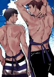  2boys a3! apron arms_behind_head ass black_hair blue_sky brown_hair cloud commentary_request contrapposto cowboy_shot day from_behind fushimi_omi kitazawa_k looking_back male_focus male_swimwear multiple_boys sky standing swim_briefs takato_tasuku topless_male waist_apron 