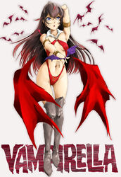  armband ass_visible_through_thighs bat_(animal) bat_wings black_footwear black_hair blue_eyes boots breasts commentary_request copyright_name cosplay female full_body grey_background highres long_hair marutaya navel red_slingshot_swimsuit revealing_clothes simple_background slingshot_swimsuit small_breasts solo standing swimsuit thigh_boots thighhighs vampirella vampirella_(character) vampirella_(character)_(cosplay) wings yahari_ore_no_seishun_lovecome_wa_machigatteiru. yukinoshita_yukino 