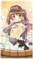  brown_eyes brown_hair bubble clothes_lift commentary crying crying_with_eyes_open female kantai_collection long_hair looking_at_viewer nonco ribs ryuujou_(kancolle) shirt_lift solo tears too_literal twintails visor_cap washboard 