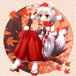  animal_ears banned_artist blush detached_sleeves eating food hat highres inubashiri_momiji leaf maple_leaf oerba_yun_fang oohirakeisuke open_mouth potato red_eyes short_hair solo sweet_potato tail tokin_hat touhou white_hair wolf_ears wolf_tail 