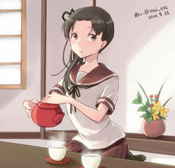  ayanami_(kancolle) blush brown_eyes brown_hair commentary_request cup female indoors kantai_collection meganei raised_eyebrows saucer seiza side_ponytail sitting solo teacup window 